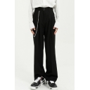 Mens Pants Simple Solid Color Chain Embellished Pleated Loose Fitted Long Straight Relaxed Pants