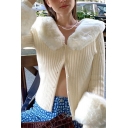 Basic Womens Cardigan Rib Knitted Fur-Trimmed Collar Button Fly Long Sleeve Slim Fitted Cardigan