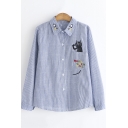Lovely Cartoon Letter Cat Embroidered Pocket Long Sleeve Striped Button Shirt