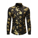 Mens Shirt Creative Floral Gilding Button up Point Collar Long Sleeve Slim Fitted Shirt