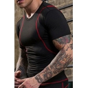 Mens Sport T-Shirt Fashionable Topstitching Breathable Short Sleeve Round Neck Skinny Fitted Quick-Dry Tee Top