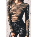 Womens Cropped Tee Top Stylish Camo Print See-through Mesh Slim Fitted Long Sleeve Crew Neck Tee Top
