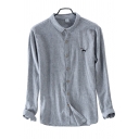Vintage Mens Shirt Vertical Pinstripe Dog Print Cotton Linen Button up Point Collar Long Sleeve Regular Fit Shirt