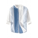 Novelty Mens Shirt Contrast Panel Button up Purified Cotton Stand Collar 3/4 Sleeve Regular Fit Shirt