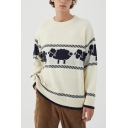 Elegant Men's Sweater Sheep Animal Print Knitwear Round Neck Long Sleeve Sweater