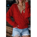 Elegant Women's Sweater Wrap Knit Solid Color Surplice Neckline Long-sleeved Fitted Sweater