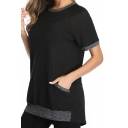 Basic T-Shirt Space Dye Pattern Contrast Hem Side Pocket Round Neck Short Sleeves Regular Fit Tunic Tee Top for Women