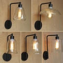 1-Head Square-Arm Wall Lamp Rustic Bowl/Bell Clear Ribbed Glass Wall Mount Lighting in Black