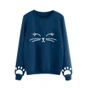 Cartoon Cat Pattern Loose Casual Long Sleeve Round Neck Pullover Sweatshirt