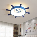 Blue Nautical Rudder Flush Mount Kids Acrylic LED Close to Ceiling Light for Children Bedroom