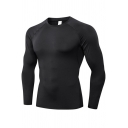 Mens T-Shirt Simple Plain Topstitching Breathable Quick-Dry Stretch Skinny Fitted Long Sleeve Crew Neck Tee Top