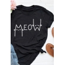 Creative Street Letter MEOW Cat Print Basic Short Sleeve Relaxed T-Shirt