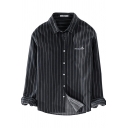 Mens Shirt Creative Pinstripe Pattern Bird Letter Embroidery Button down Long Sleeve Spread Collar Regular Fit Shirt