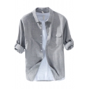 Cool Mens Shirt Solid Color Roll-Tab Detail Cotton Linen Flap Pocket Button up Point Collar Long Sleeve Regular Fit Shirt