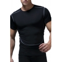 Mens Workout T-Shirt Trendy Contrast Flatlock Stitching Crew Neck Short Sleeve Skinny Fitted Quick Dry T-Shirt