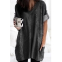 Cozy Women's T-Shirt Floral Pattern Side Pockets Rolled up Button Short Sleeve V Neck Oversized Tunic T-Shirt