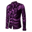 Basic Mens Shirt Plain Ruffle Front Button up Stand Collar Long Sleeve Slim Fitted Costume Shirt