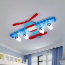 Wooden Plane Ceiling Light Kid 3/4-Head Blue Flush Mount Lighting in Warm/White Light for Boys Room
