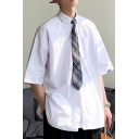 Mens Shirt Fashionable Letter Zika Pattern Button down Loose Fitted Half Sleeve Turn down Collar Shirt