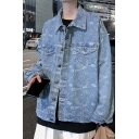 Mens Jacket Simple Paisley Pattern Flap Pockets Button-down Long Sleeve Turn-down Collar Loose Fitted Denim Jacket