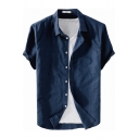 Vintage Mens Shirt Plain Cotton Linen Button down Short Sleeve Turn-down Collar Regular Fit Shirt