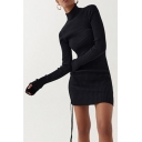 Womens Dress Trendy Plain Rib Knitted Ruched Drawstring Side High Neck Long Sleeve Slim Fitted Mini Bodycon Dress