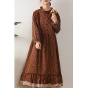 Retro Womens Dress Ditsy Floral Print Cotton Linen Contrast Trim Patchwork Ruffle Hem Midi Loose Fitted Stand Collar Long Sleeve A-Line Dress