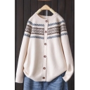 Tribal Style Women's Sweater Button-down Round Neck Long-sleeves Fitted Cardigan