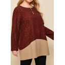 Womens Plus Size New Trendy Round Neck Long Sleeve Beaded Embellished Patched Hem Loose Cotton T-Shirt
