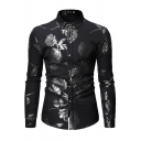 Mens Shirt Casual Rose Gilding Pattern Button up Point Collar Long Sleeve Slim Fitted Shirt