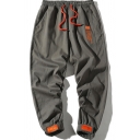 Retro Mens Pants Letter Pattern Cotton Velcro Cuffs Drawstring Waist Regular Fit 7/8 Length Tapered Cargo Pants