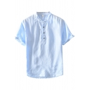 Classic Mens Shirt Plain Frog Button Detail Cotton Linen Short Sleeve Stand Collar Regular Fit Shirt