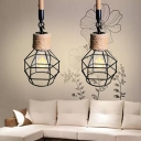Versatile Rustic Caged Pendant Lighting 1 Bulb Iron Wall Mount Lamp with Hemp Rope in Brown