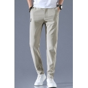 Mens Pants Trendy Partially Elastic Waist Thin Zipper Fly Full Length Regular Fit Tapered Tailored Pants