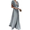Womens Sexy Plunging V-Neck Ruffled Shoulder Simple Plain Maxi A-Line Flared Dress