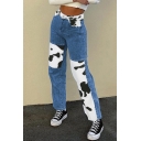 Retro Womens Jeans Cow Spot Print Contrast Panel Zipper Fly Regular Fit 7/8 Length Straight Jeans
