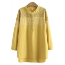 Womens Shirt Fashionable Abstract Embroidered Button Detail Tunic Stand Collar Long Sleeve Loose Fit Shirt