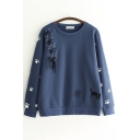 Basic Womens Sweater Cat Embroidered Lace-up Embellished Round Neck Long Sleeve Relaxed Fitted Sweater