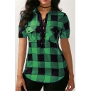 New Stylish Plaid Check Printed Short Sleeve Lace-Up Front Womens Fitted Blouse Top