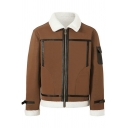 Mens Jacket Unique Contrast Panel Buckle Detail Fur-Lined Zipper up Turn-down Collar Long Sleeve Regular Fit Leather Jacket