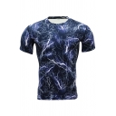 Mens T-Shirt Stylish Lightning Camo Print Quick-Dry Stretch Skinny Fitted Short Sleeve Crew Neck Tee Top