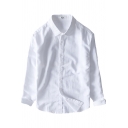 Mens Shirt Stylish Solid Color Cotton Linen Spread Collar Button Detail Regular Fit Long Sleeve Shirt