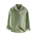 Mens Shirt Simple Chest Pocket Purified Cotton Button up Spread Collar Long Sleeve Regular Fit Shirt