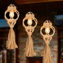 Rural Round/Linear Ceiling Hanging Lantern 3/6 Lights Natural Hemp Rope Pendant Lamp with Tassel in Brown