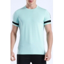 Mens Workout Tee Top Stylish Contrast Arm-Stripe Quick Dry Slim Fitted Round Neck Short Sleeve T-Shirt