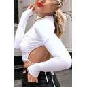 Womens T-Shirt Simple Plain Self-Tie Open Back Crew Neck Long Sleeve Slim Fitted Cropped T-Shirt