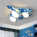 Plane Flush-Mount Light Fixture Cartoon Wooden 3-Light Blue Ceiling Lamp for Childrens Bedroom