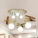 Milky Glass Bubble Flushmount Kids Style 6-Bulb Brown Close to Ceiling Light with Decorative Plane and Cloud
