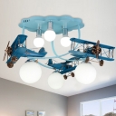 Blue Finish Biplane Ceiling Flush Light Kid 6 Heads Wooden Flush Mounted Lamp with Ball White Glass Shade