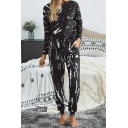 Casual Ladies Sweatshirt Pants Sets Tie-Dye Slim Cuff Pocket Long Sleeve Round Neck Fitted Co-ords